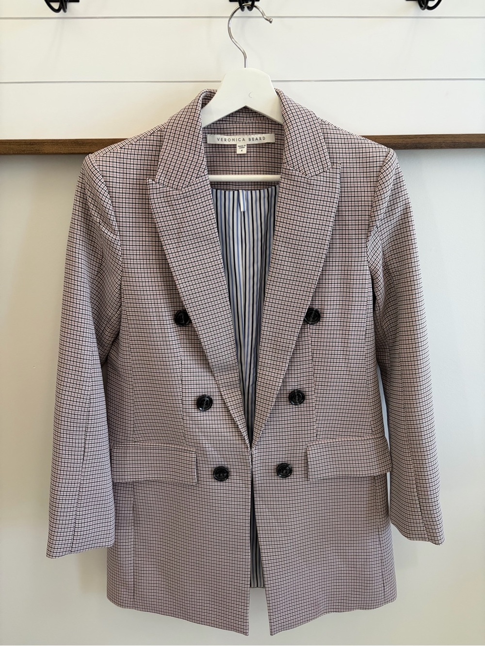 Veronica Beard Tan & White Plaid Double-Breasted Blazer